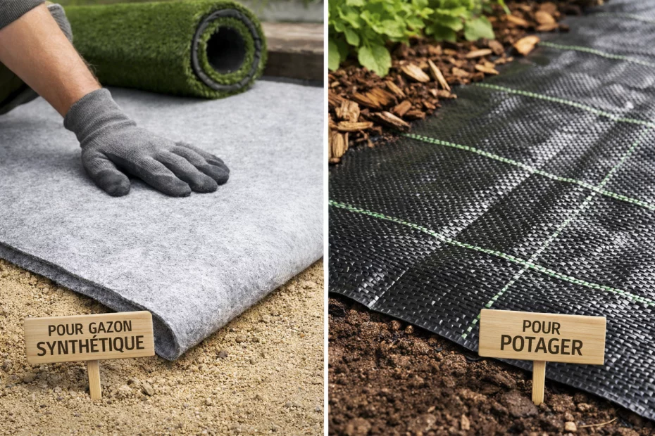 Comparaison entre feutre géotextile non-tissé pour gazon synthétique sur sable et toile de paillage tissée pour potager
