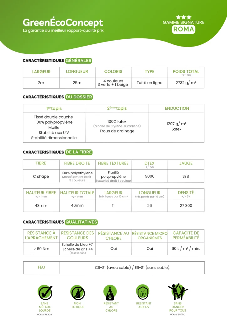 Fiche technique - gazon synthétique signature Roma