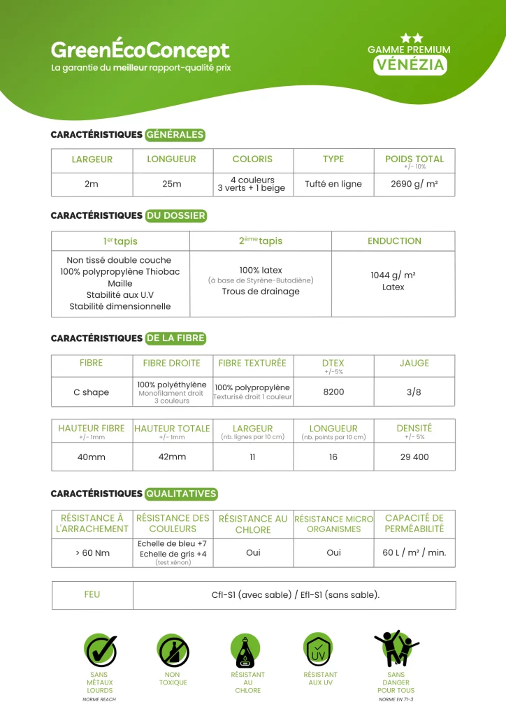Fiche technique - gazon artificiel premium VÉNÉZIA